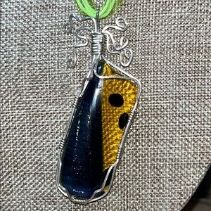 Artisan glass wrapped silver tone pendant on ribbon necklace, bohemian